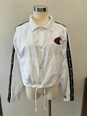 Champion White Coach Jacket with Black Tape Sleeves and Red Logo Size Small